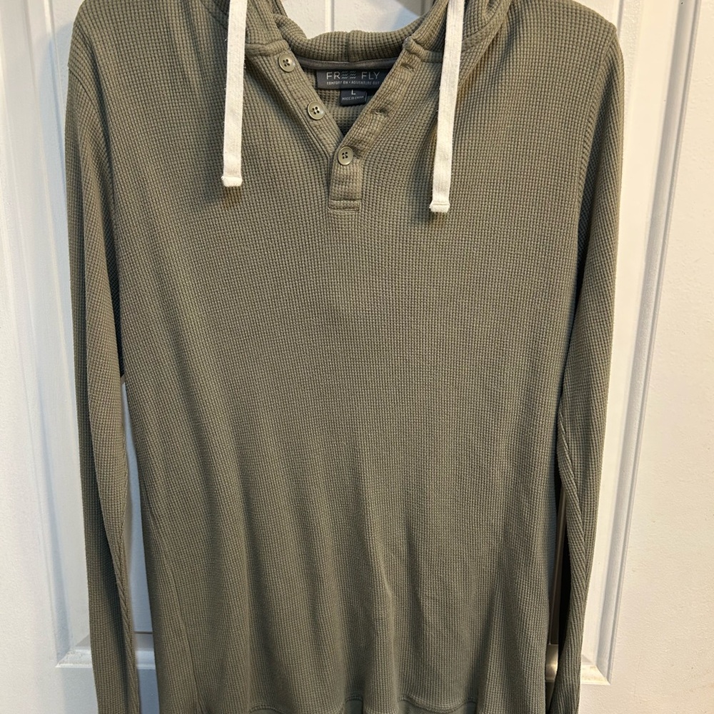Free Fly Hooded waffle knit Henley Mens Olive Long Sleeve Shirt